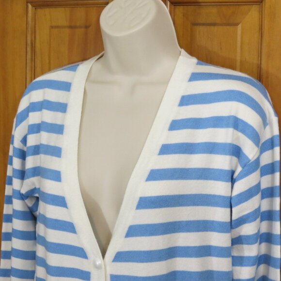 Orly Long Cardigan Sweater Blue/White Stripe Viscose Blend Size Small - Picture 2 of 8
